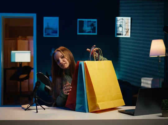 Criadora de conteúdo mostrando sacolas de compras durante transmissão online com computador e microfone, representando o comportamento de compras online à noite