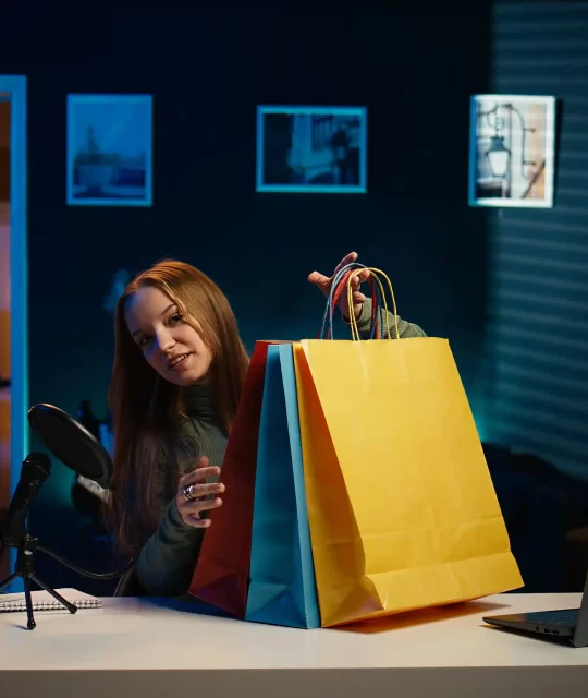 Criadora de conteúdo mostrando sacolas de compras durante transmissão online com computador e microfone, representando o comportamento de compras online à noite