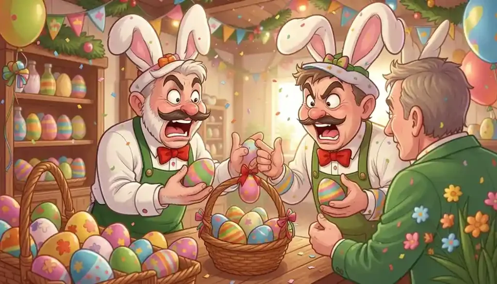 Vendedores caracterizados com orelhas de coelho discutindo em loja cheia de ovos de Páscoa, representando aumento da concorrência nas vendas