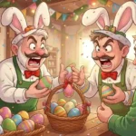 Vendedores caracterizados com orelhas de coelho discutindo em loja cheia de ovos de Páscoa, representando aumento da concorrência nas vendas