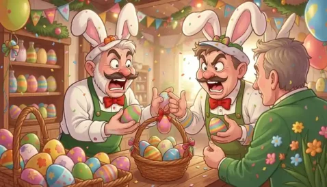 Vendedores caracterizados com orelhas de coelho discutindo em loja cheia de ovos de Páscoa, representando aumento da concorrência nas vendas