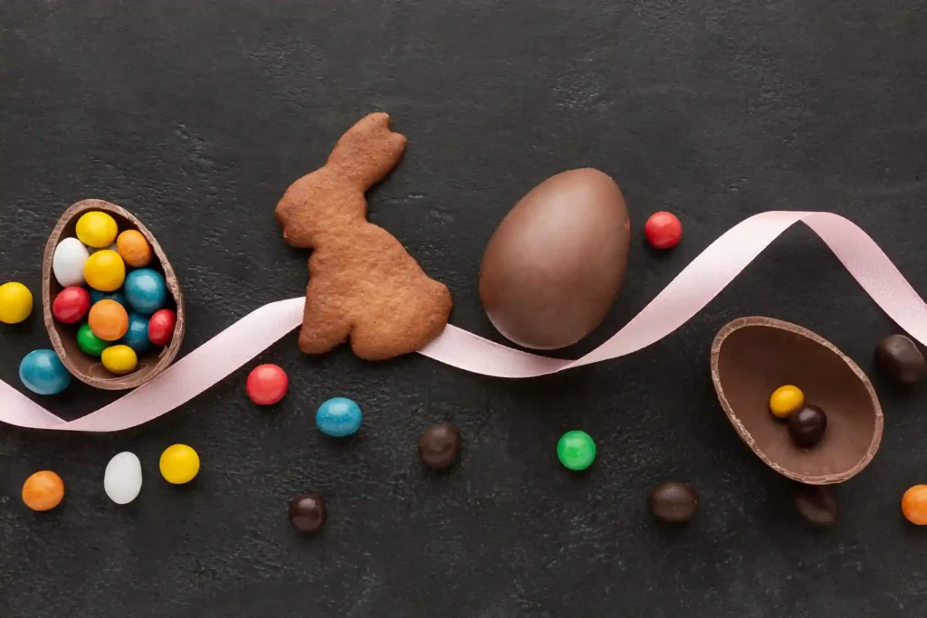 Ovos de chocolate, doces coloridos e biscoito em formato de coelho, representando produtos de Páscoa e estratégia de vendas