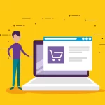Ilustração de loja virtual em notebook com carrinho de compras na tela, representando o uso de dados no e-commerce para decisões estratégicas
