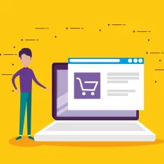 Ilustração de loja virtual em notebook com carrinho de compras na tela, representando o uso de dados no e-commerce para decisões estratégicas