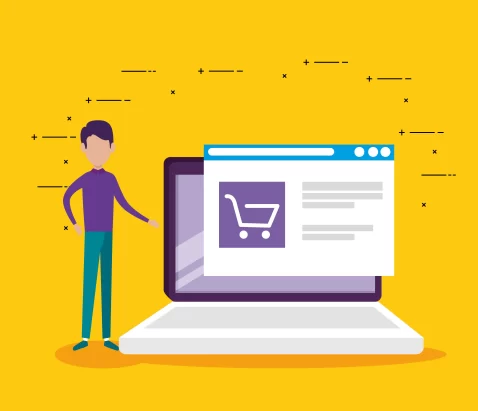 Ilustração de loja virtual em notebook com carrinho de compras na tela, representando o uso de dados no e-commerce para decisões estratégicas