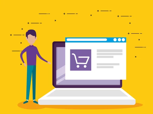Ilustração de loja virtual em notebook com carrinho de compras na tela, representando o uso de dados no e-commerce para decisões estratégicas