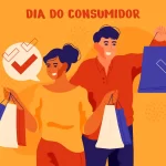 Ilustração de consumidores com sacolas de compras representando o Dia do Consumidor e o aumento de vendas no e-commerce
