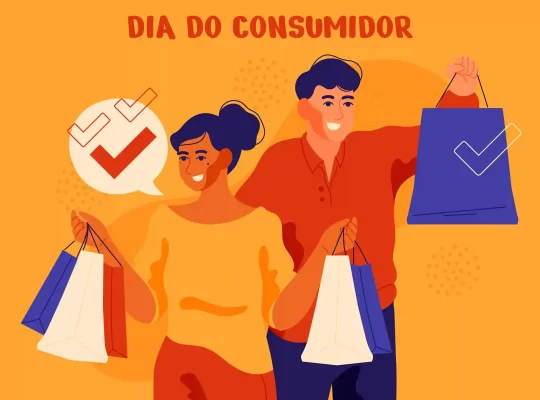 Ilustração de consumidores com sacolas de compras representando o Dia do Consumidor e o aumento de vendas no e-commerce