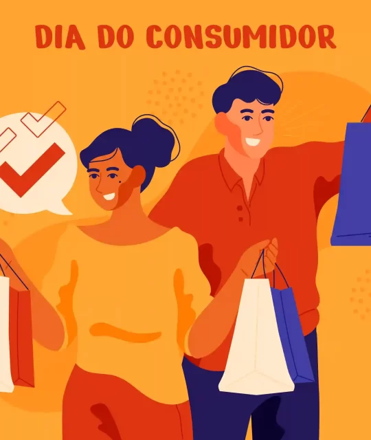 Ilustração de consumidores com sacolas de compras representando o Dia do Consumidor e o aumento de vendas no e-commerce