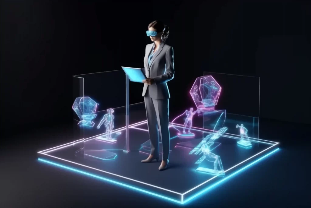 Profissional usando visor de realidade virtual enquanto analisa modelos digitais e hologramas, representando tecnologias avançadas e inteligência artificial no e-commerce em 2026