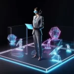 Profissional usando visor de realidade virtual enquanto analisa modelos digitais e hologramas, representando tecnologias avançadas e inteligência artificial no e-commerce em 2026