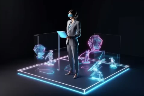 Profissional usando visor de realidade virtual enquanto analisa modelos digitais e hologramas, representando tecnologias avançadas e inteligência artificial no e-commerce em 2026