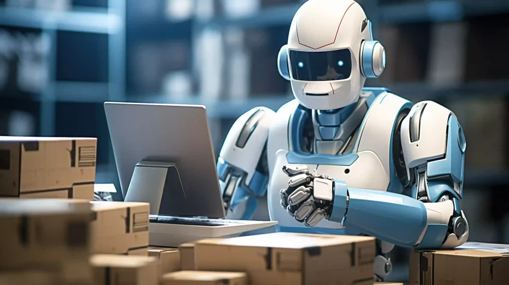 Robô utilizando computador em ambiente de logística com caixas ao redor, representando uso de inteligência artificial no e-commerce e marketplaces