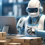 Robô utilizando computador em ambiente de logística com caixas ao redor, representando uso de inteligência artificial no e-commerce e marketplaces
