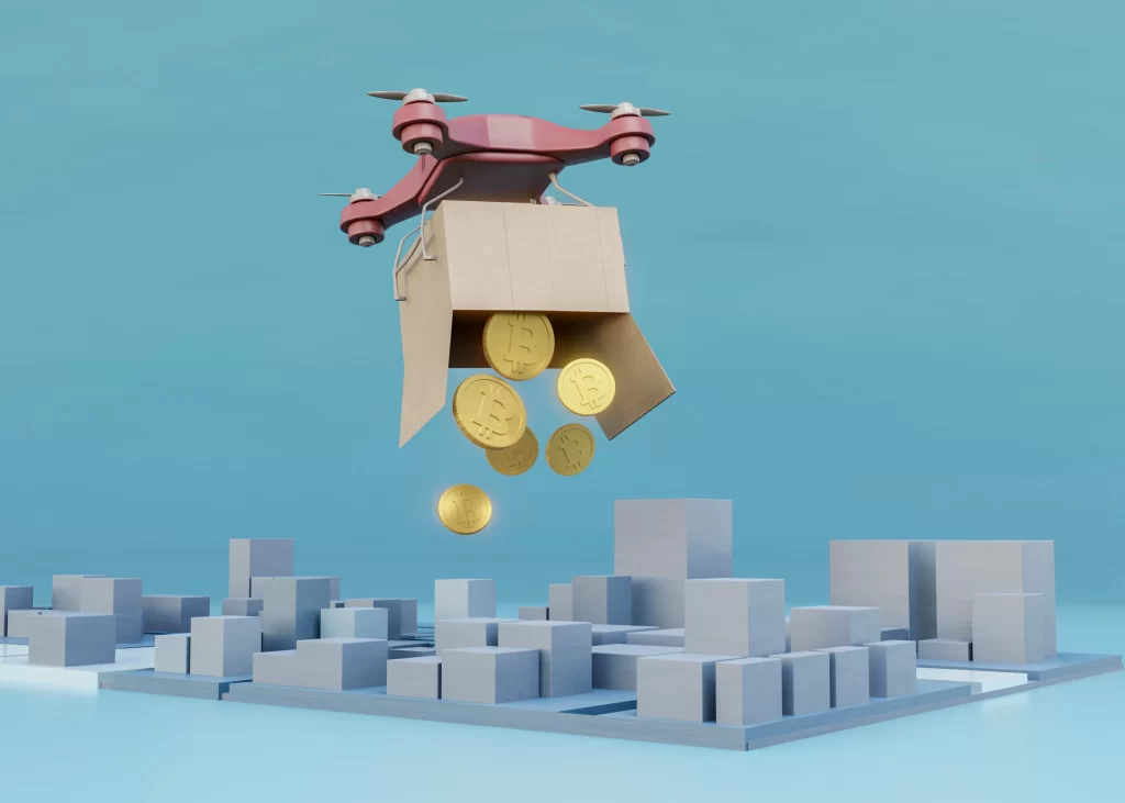 Drone entregando caixa com moedas representando investimento em logística e expansão dos centros de distribuição do Mercado Livre