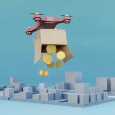 Drone entregando caixa com moedas representando investimento em logística e expansão dos centros de distribuição do Mercado Livre