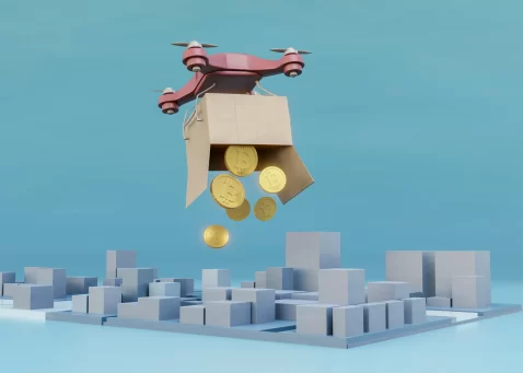 Drone entregando caixa com moedas representando investimento em logística e expansão dos centros de distribuição do Mercado Livre