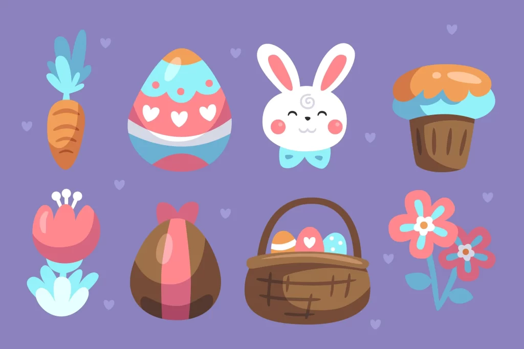Ilustração com ovos, coelho e doces de Páscoa representando ideias de kit de Páscoa para aumentar ticket médio nas vendas