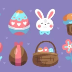 Ilustração com ovos, coelho e doces de Páscoa representando ideias de kit de Páscoa para aumentar ticket médio nas vendas