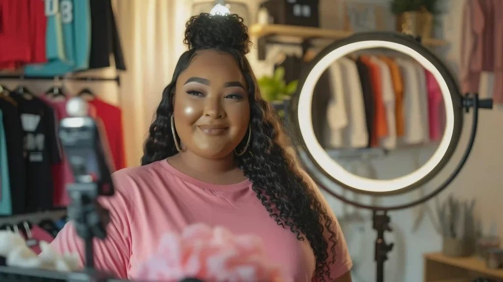 Criadora de conteúdo gravando live commerce com smartphone e ring light enquanto apresenta produtos para audiência online
