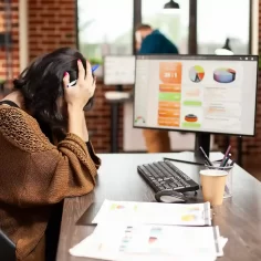 Profissional sentado diante de computador analisando gráficos com expressão preocupada, representando desafios de margem no Mercado Livre