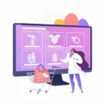 Ilustração de tela de e-commerce com produtos e carrinho de compras, representando o Monitor de Produtos da JoomPulse e seus alertas estratégicos