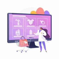 Ilustração de tela de e-commerce com produtos e carrinho de compras, representando o Monitor de Produtos da JoomPulse e seus alertas estratégicos