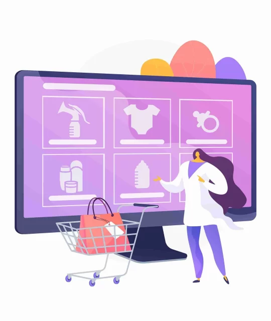 Ilustração de tela de e-commerce com produtos e carrinho de compras, representando o Monitor de Produtos da JoomPulse e seus alertas estratégicos