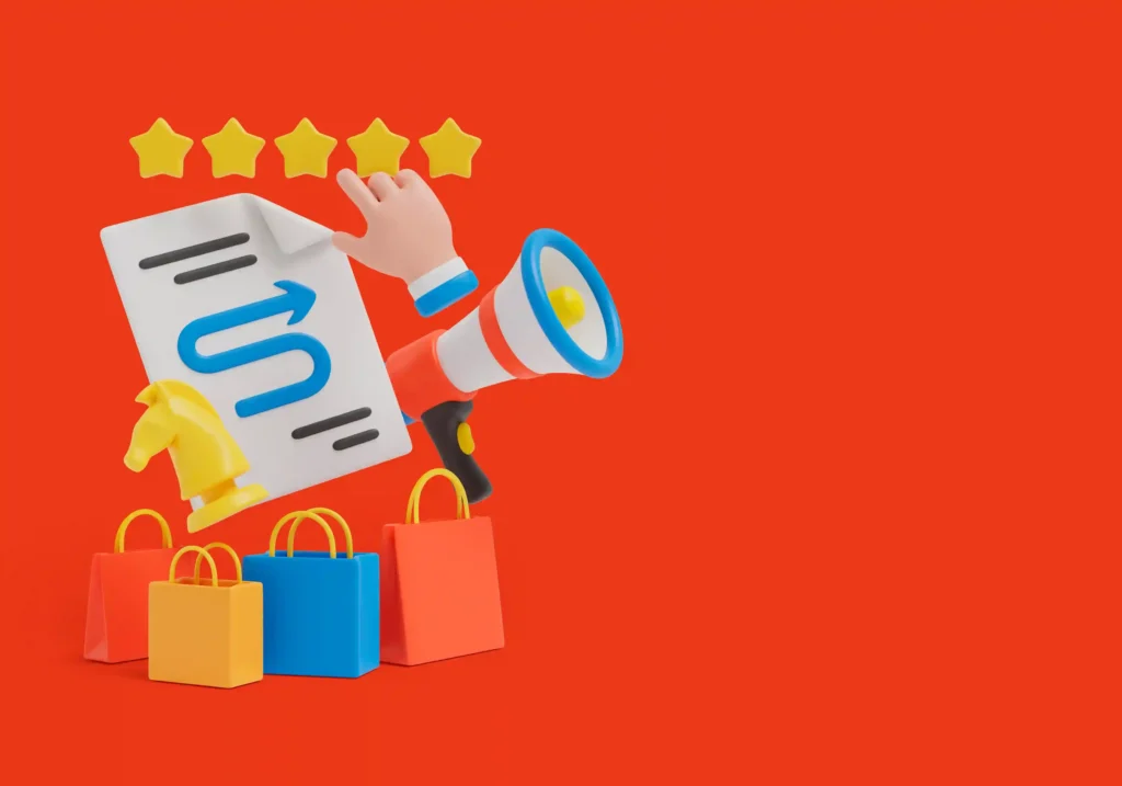 Ilustração com avaliação de produto, megafone e sacolas de compras, representando fatores que definem um produto com potencial de vendas
