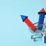 Carrinho de compras com foguetes simbolizando crescimento, representando produtos com potencial e descoberta de tendências no e-commerce