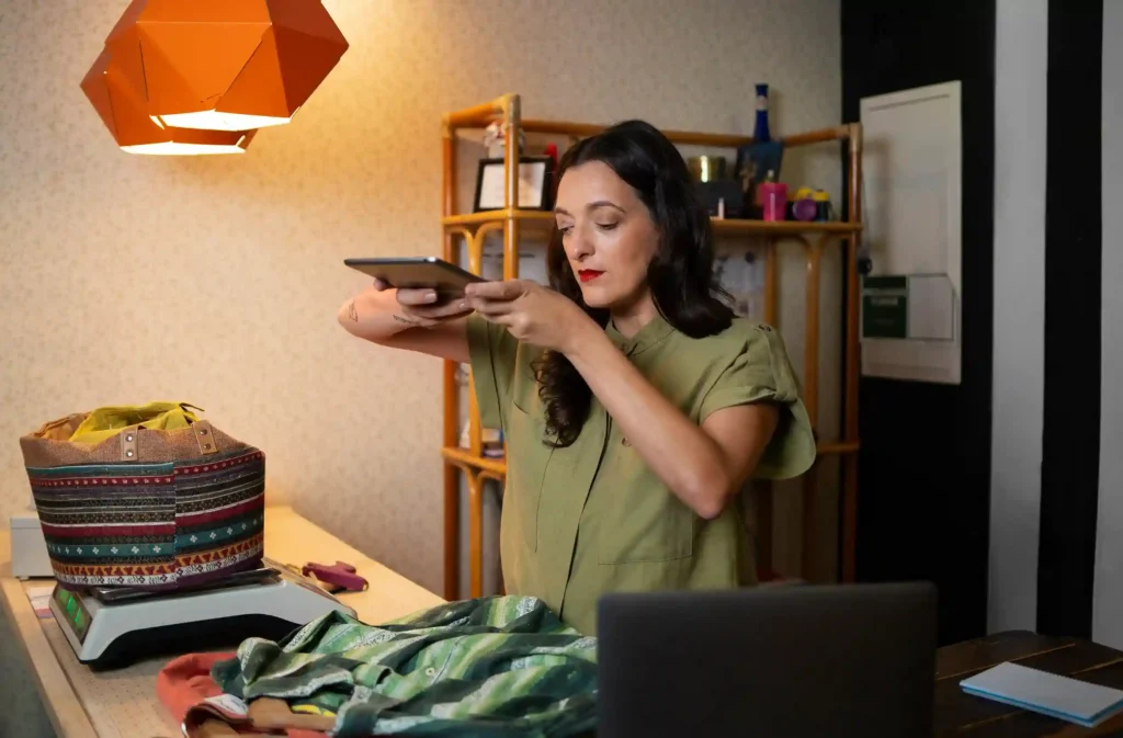 Vendedora fotografando produto para anúncio online, representando estratégias para vender mais no Mercado Livre em 2026