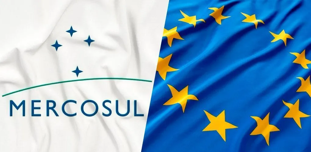 Logo do Mercosul ao lado da bandeira da União Europeia, simbolizando o acordo Mercosul União Europeia 2026 e seus impactos para quem vende online no Brasil