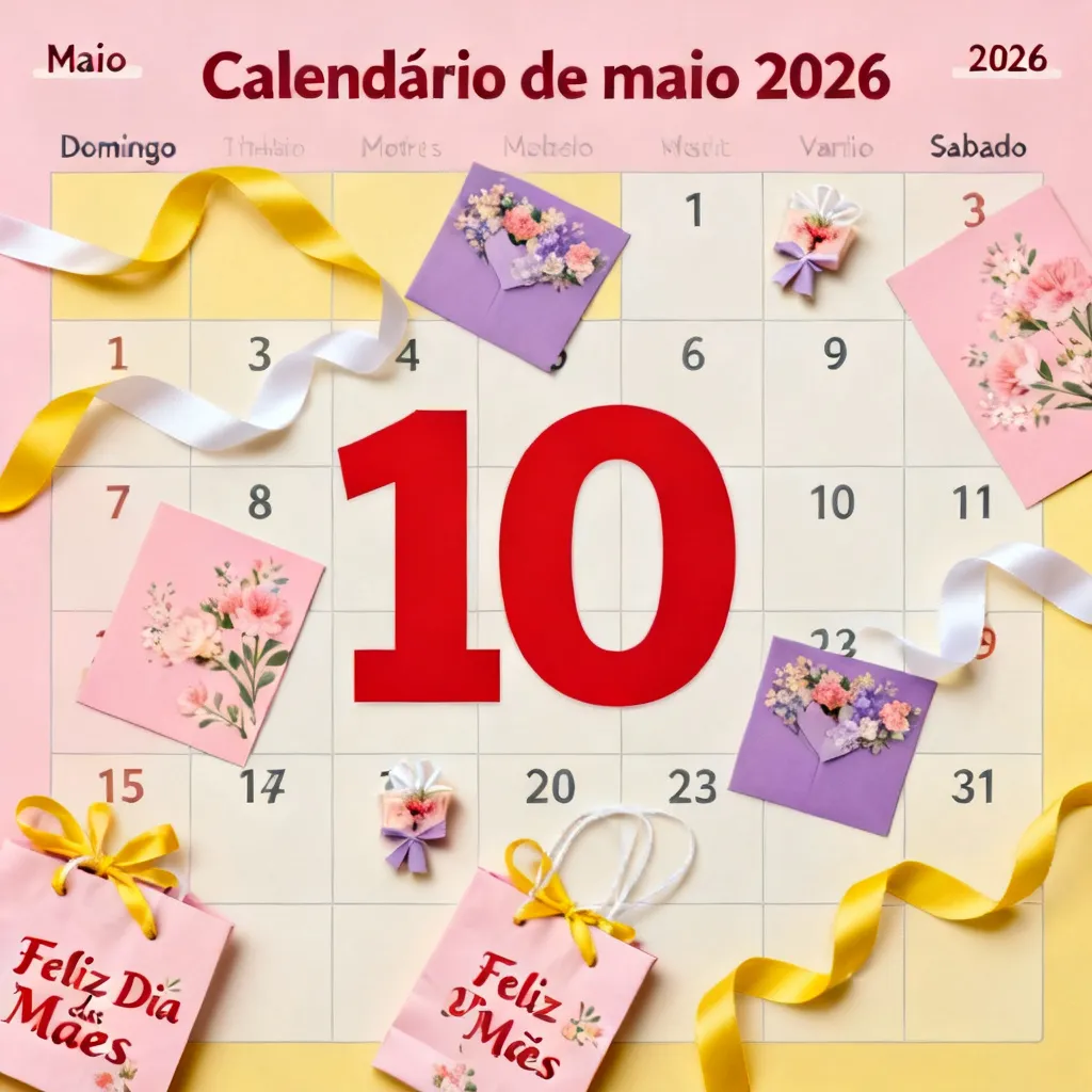 Calendário de maio 2026 com o dia 10 destacado em vermelho e enfeites de Dia das Mães ao redor, ilustrando a última semana para otimizar anúncio em data comemorativa