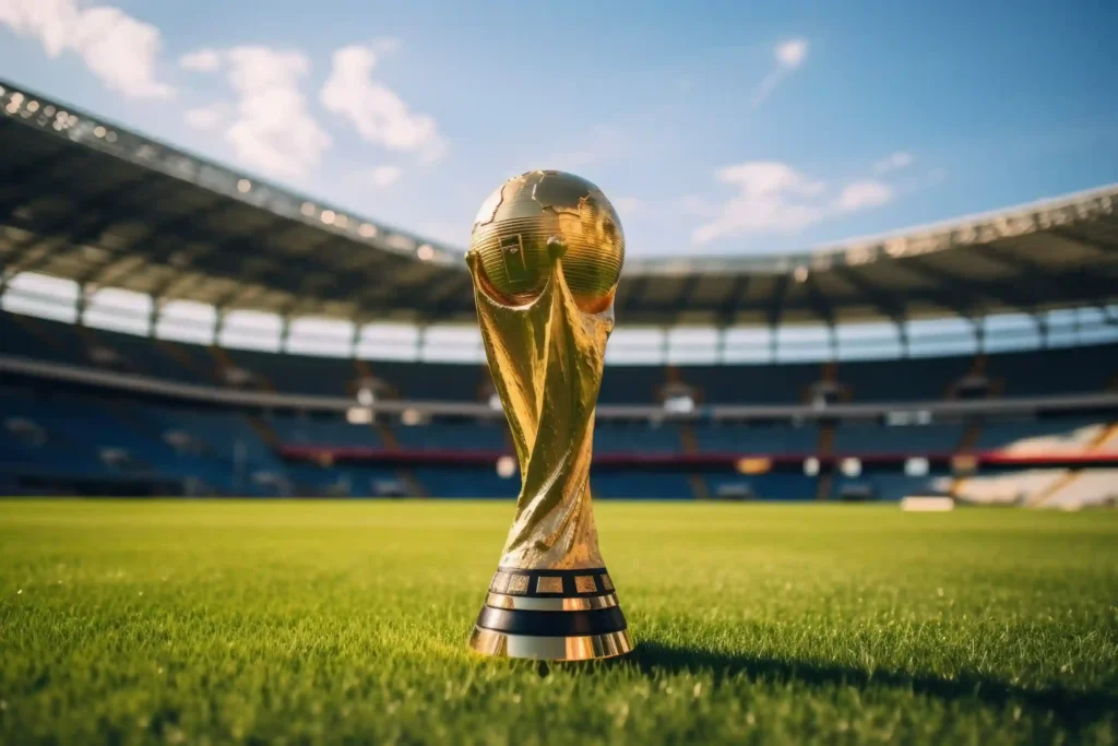 Taça da Copa do Mundo dourada sobre gramado de estádio, ilustrando a análise de sazonalidade JoomPulse para antecipar picos de venda na Copa 2026