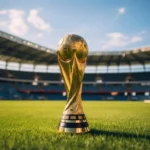 Taça da Copa do Mundo dourada sobre gramado de estádio, ilustrando a análise de sazonalidade JoomPulse para antecipar picos de venda na Copa 2026