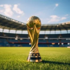 Taça da Copa do Mundo dourada sobre gramado de estádio, ilustrando a análise de sazonalidade JoomPulse para antecipar picos de venda na Copa 2026