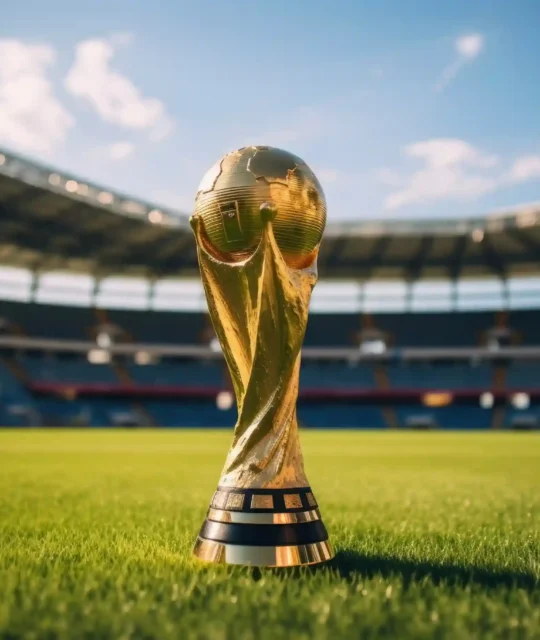 Taça da Copa do Mundo dourada sobre gramado de estádio, ilustrando a análise de sazonalidade JoomPulse para antecipar picos de venda na Copa 2026
