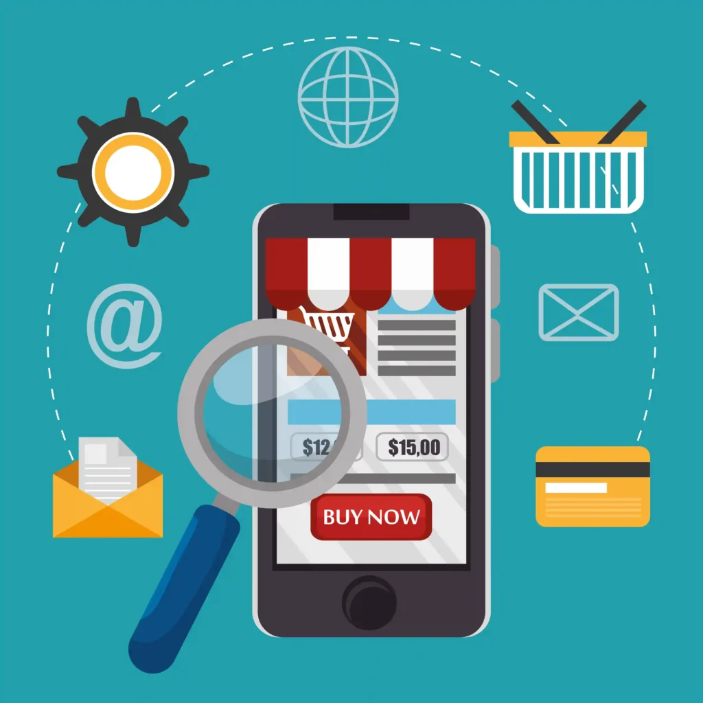 Tela de e-commerce sendo analisada com lupa, representando uso da busca avançada para encontrar produtos com potencial