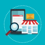 Interface de loja online sendo analisada com lupa, simbolizando busca avançada de produtos no e-commerce