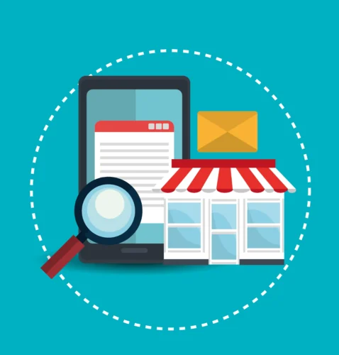 Interface de loja online sendo analisada com lupa, simbolizando busca avançada de produtos no e-commerce