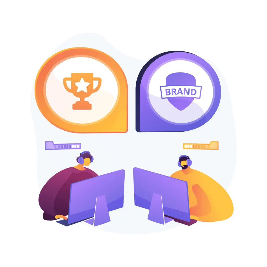Ilustração de dois vendedores competindo em monitores com ícones de troféu e marca, representando a diferenciação no marketplace e a estratégia do seller pequeno no Mercado Livre