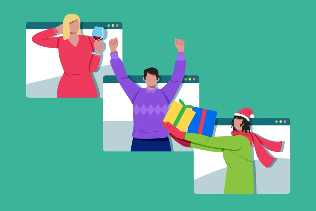 Ilustração de consumidores celebrando compras online em janelas de navegador, representando como competir no Mercado Livre com grandes sellers e conquistar clientes