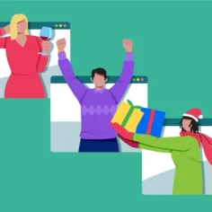 Ilustração de consumidores celebrando compras online em janelas de navegador, representando como competir no Mercado Livre com grandes sellers e conquistar clientes