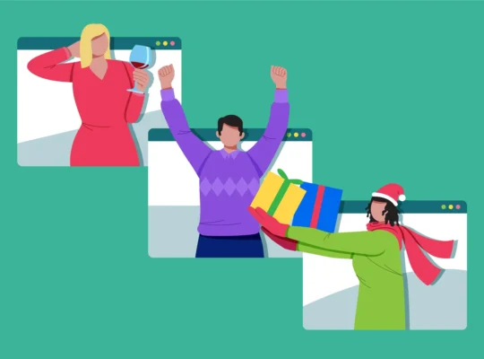 Ilustração de consumidores celebrando compras online em janelas de navegador, representando como competir no Mercado Livre com grandes sellers e conquistar clientes