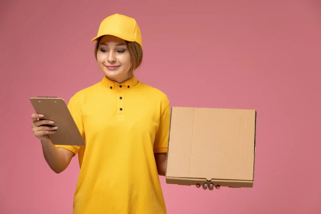 Entregadora de uniforme amarelo segurando caixa de encomenda e prancheta, representando a logística de entrega no Dia das Mães pelo Mercado Livre
