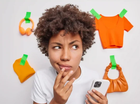 Mulher pensativa com smartphone rodeada de produtos fixados na parede, ilustrando o comportamento do consumidor pós-evento e a jornada de decisão de compra