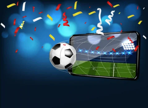Bola de futebol saindo da tela de smartphone com confetes coloridos, ilustrando as oportunidades de vendas online na Copa do Mundo 2026