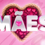 Palavra “MÃES” em letras brilhantes sobre fundo rosa com coração formado por pequenos corações