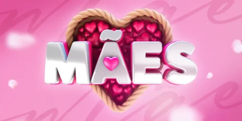 Palavra “MÃES” em letras brilhantes sobre fundo rosa com coração formado por pequenos corações