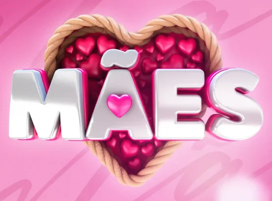 Palavra “MÃES” em letras brilhantes sobre fundo rosa com coração formado por pequenos corações